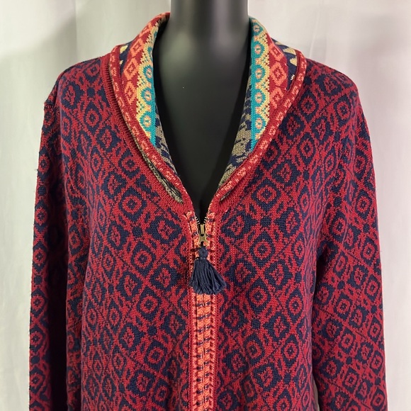 Sahalie Red Multicolor Printed Zip Front Wool Blend Duster Cardigan - Picture 4 of 16